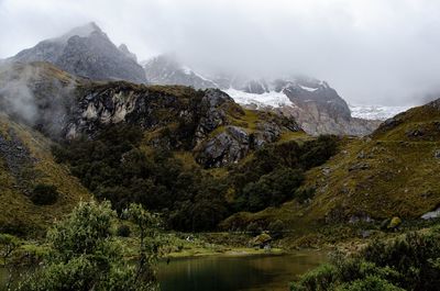 Scenic view of river and mountains against sky