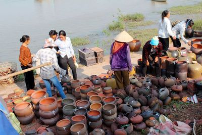 High angle view of people at market stall