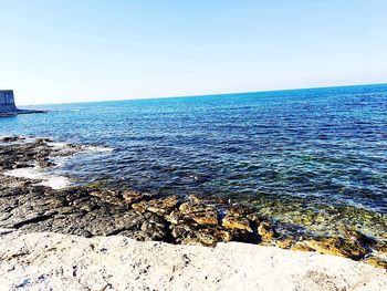 Scenic view of sea against clear blue sky