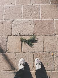 Low section of person standing on tiled floor