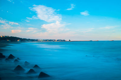 Scenic view of calm sea against blue sky