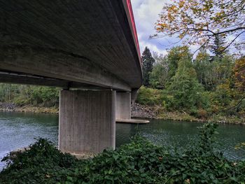 Bridge over river by trees against sky