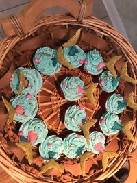 High angle view of multi colored wicker basket