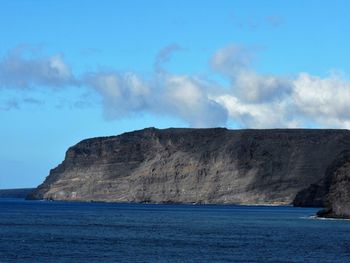 Scenic view of sea with cliffs in background