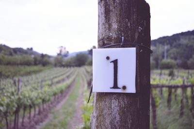 Close-up of number 1 on wooden post over field