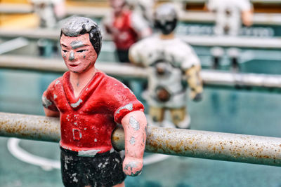 Close-up of statue on foosball