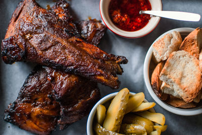 Directly above shot of roasted meat served in tray