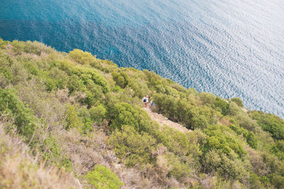 High angle view of people riding motorcycle on land