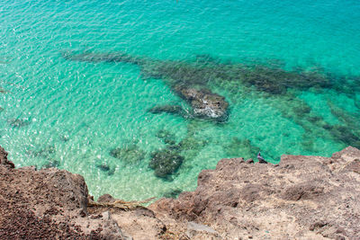 High angle view of rocks on sea shore