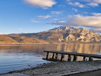 Scenic view of lake and mountains against sky