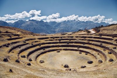 High angle view of ancient civilization against mountains