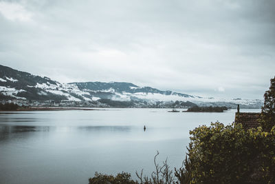 Scenic view of lake by snowcapped mountains against sky