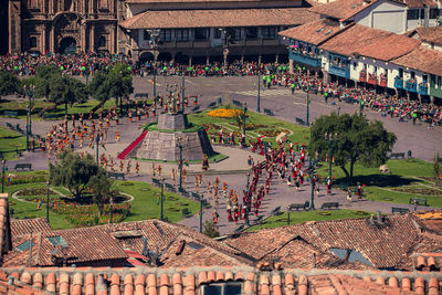 High angle view of buildings in town