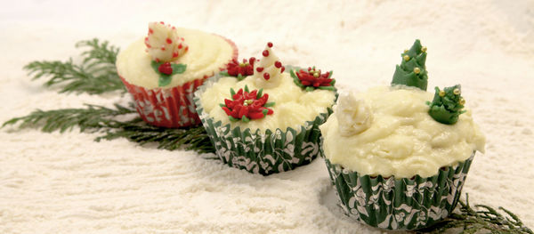 Panoramic view of christmas cupcakes on snow