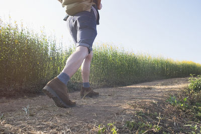 Low section of man walking on field