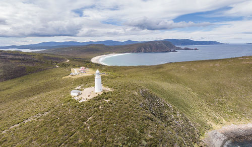 Aerial drone view of cape bruny lighthouse, tasmania, australia.