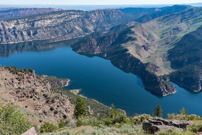 High angle view of lake and mountains