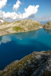 Scenic view of calm lake against cloudy sky