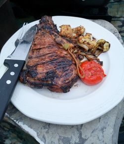 High angle view of food served on table