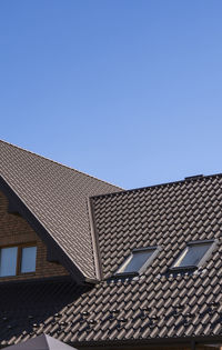 Low angle view of building roof against clear sky