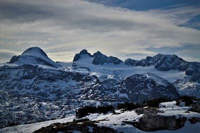 Scenic view of snowcapped mountains against sky