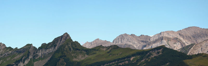 Scenic view of mountains against clear blue sky