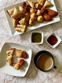 High angle view of breakfast on table