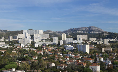 High angle shot of townscape against sky