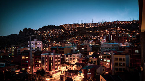 High angle view of illuminated cityscape against sky