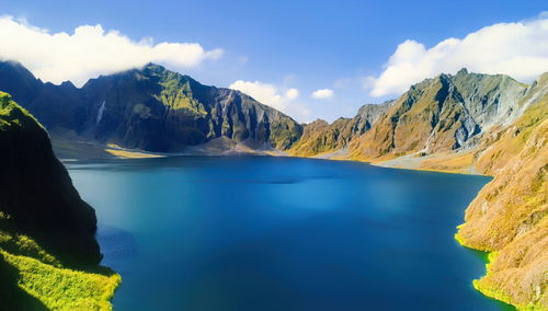 Scenic view of lake by mountains against sky