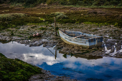 High angle view of boats moored in lake