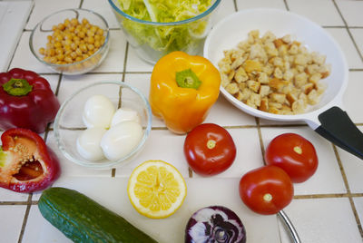 High angle view of ingredients on kitchen counter