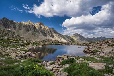 Scenic view of lake and mountains against sky