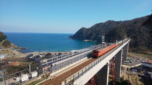 High angle view of bay against clear blue sky