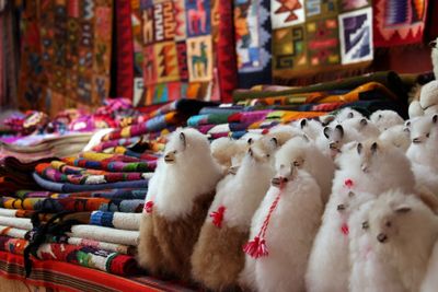 Flock of sheep in market stall