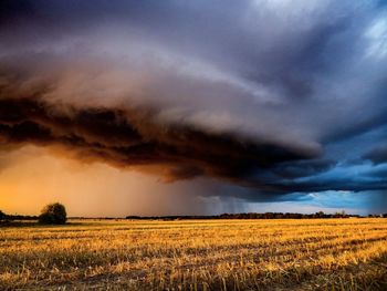 Scenic view of field against cloudy sky