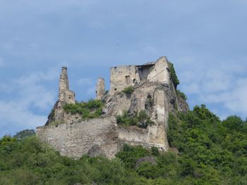 Low angle view of old ruin building against sky