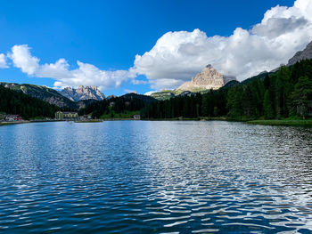 Scenic view of lake and mountains against sky