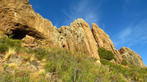 Low angle view of rock formations against sky