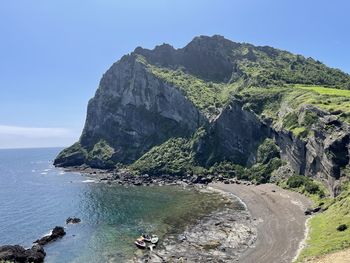 Scenic view of sea and mountains against clear blue sky