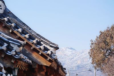 Low angle view of snow covered mountains against clear sky