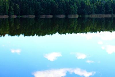 Reflection of trees in lake against blue sky