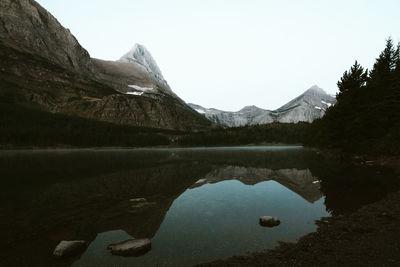 Reflection of rocky mountains on calm lake against clear sky