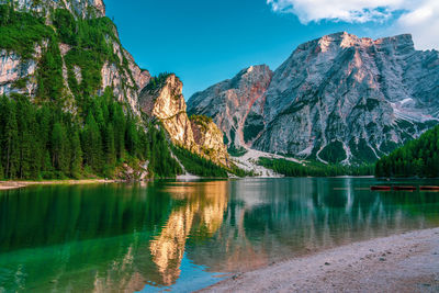 Panoramic view of lake braies in the dolomites, italy.