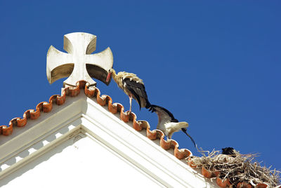 A roof with cross and storks at church matriz de nossa senhora do rosario or our lady of the rosary