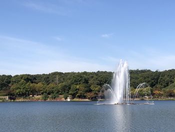 Scenic view of waterfall against sky