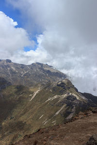 Scenic view of mountains against cloudy sky