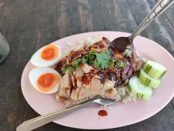 High angle view of breakfast served on table