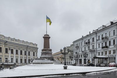 Catherine the great monument pedestal in odessa, ukraine, on a gloomy winter day