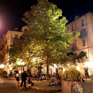 People on street amidst buildings at night